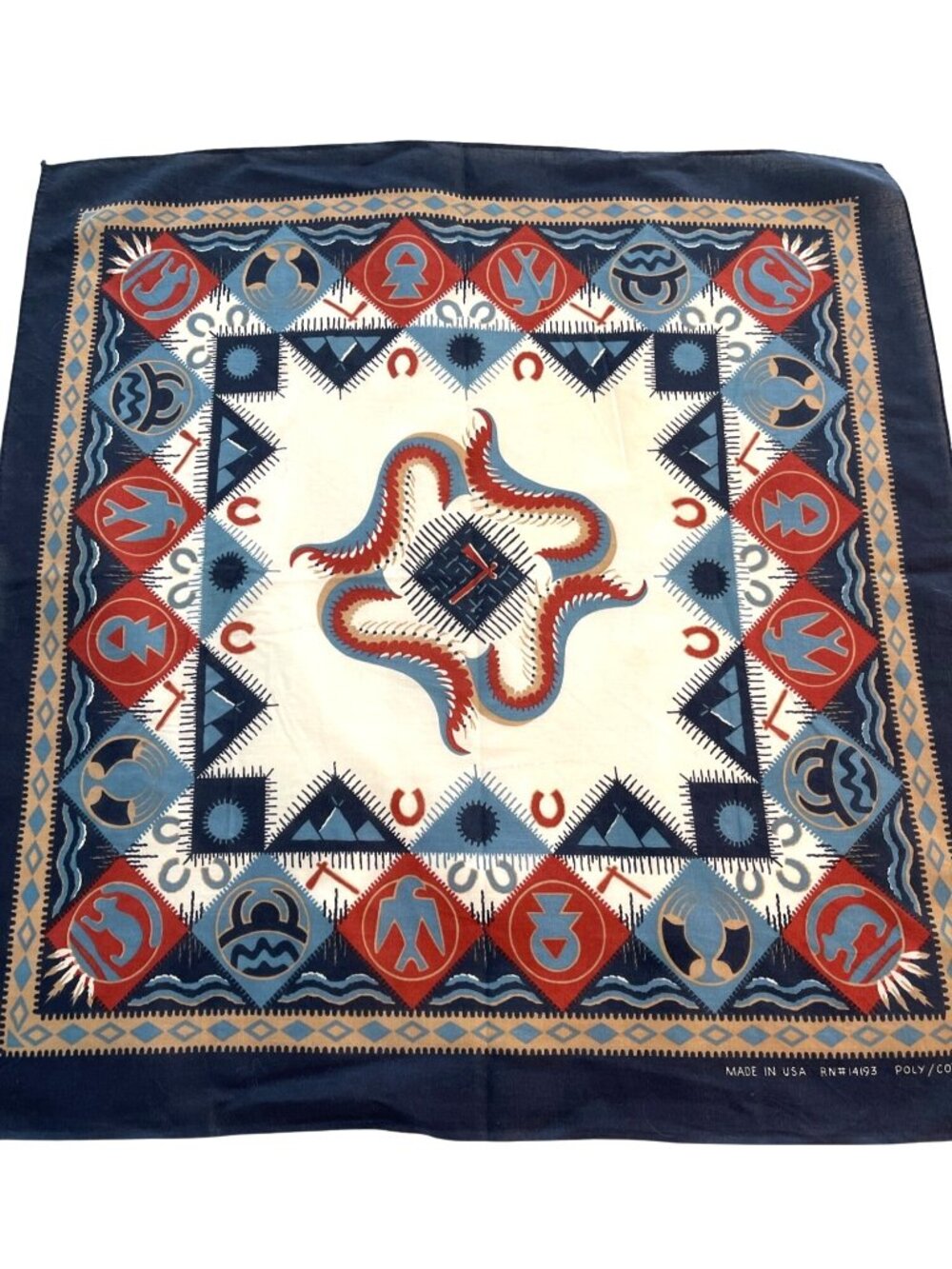 Southwest Blue Bandana Handkerchief Western Cowboy Native American Tribal VTG